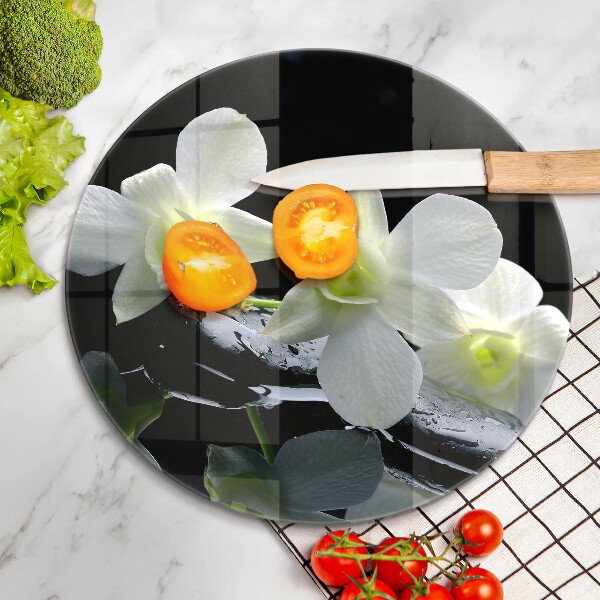Glass worktop saver Zen white flowers in water