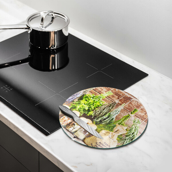 Glass worktop saver Herbs spices and wood