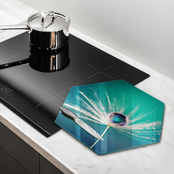 Chopping board glass Dew on a dandelion