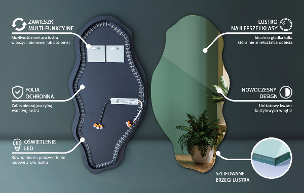 Organic shape led backlit mirror ornamental 45x90 cm