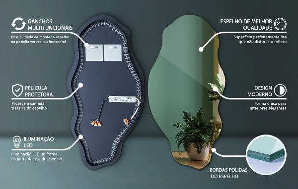 Organic shape led backlit mirror ornamental 45x90 cm