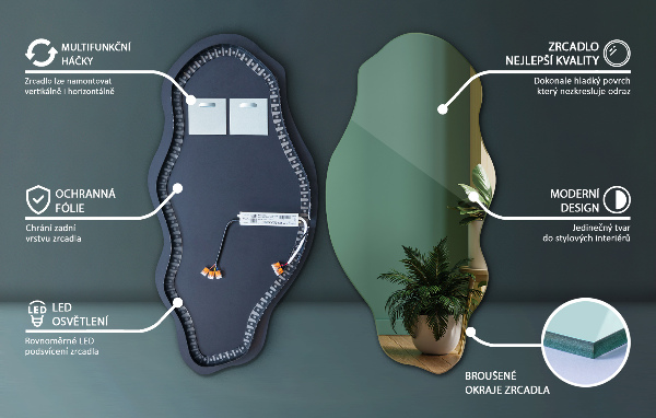 Organic mirror with led lights ornamental 50x100 cm