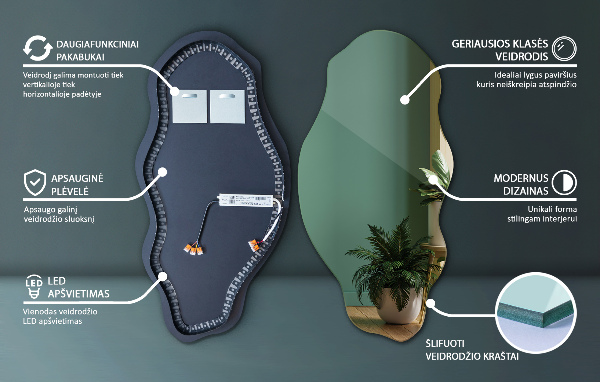 Organic mirror with led lights ornamental 50x100 cm