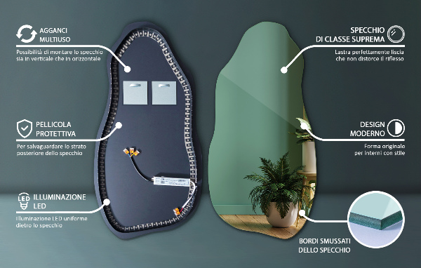 Organic mirror with led lights minimalist 50x100 cm