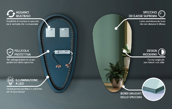 Led backlit mirror tear shaped 50x100 cm