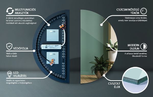 Half circle mirror with lights 30x60 cm
