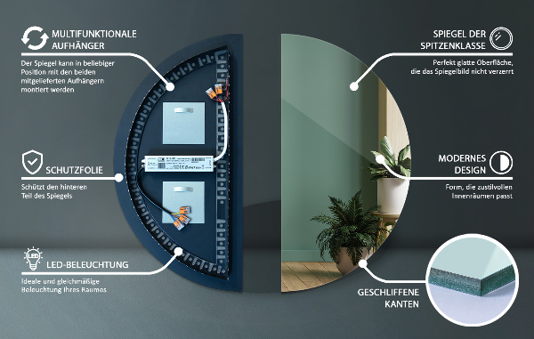 Led semi-circular mirror 45x90 cm