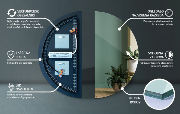 Led semi-circular mirror 45x90 cm