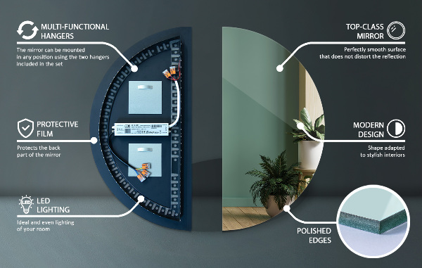 Led semi-circular mirror 45x90 cm