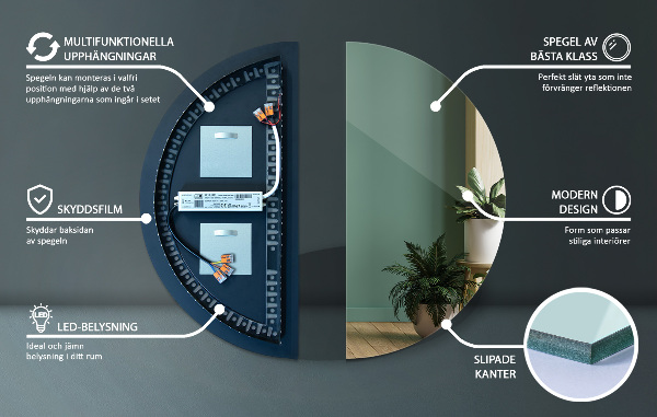 Half-circle led light mirror 50x100 cm