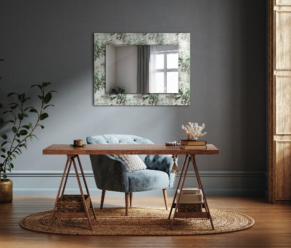Mirror frame with print Drawing of green leaves