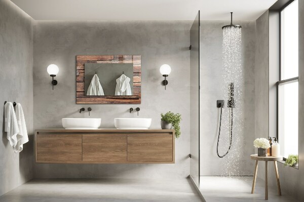 Mirror frame with print Wooden clad wall