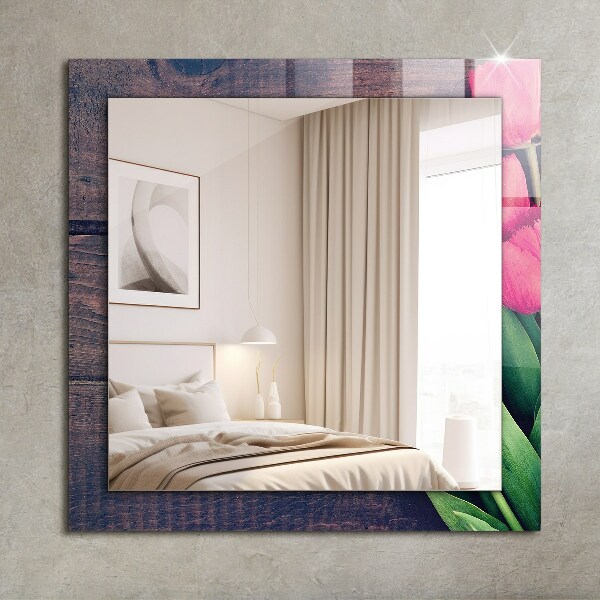 Wall mirror design Wood with pink tulips