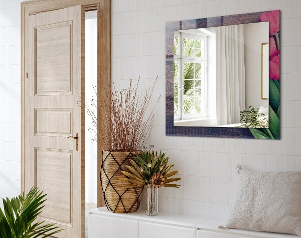 Wall mirror design Wood with pink tulips