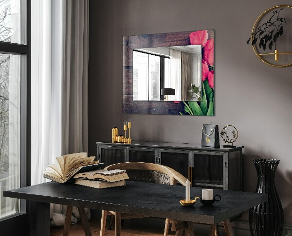 Wall mirror design Wood with pink tulips
