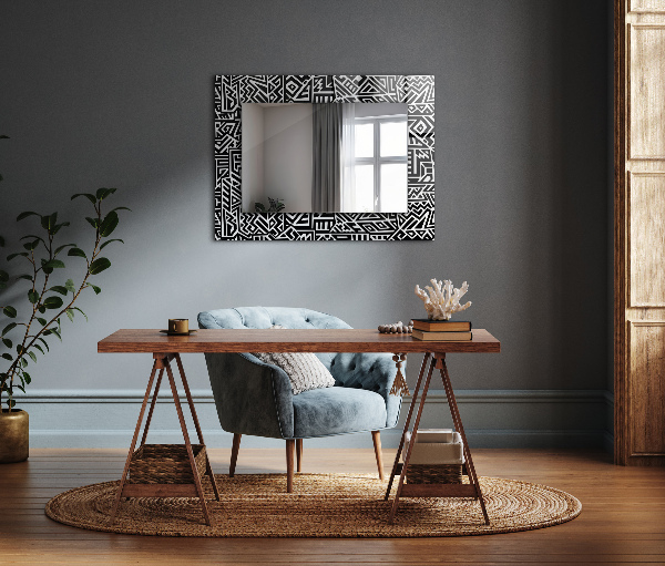 Mirror frame with print Blue wave motif