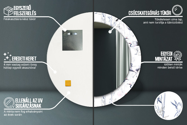 Round mirror frame with print Cranes birds