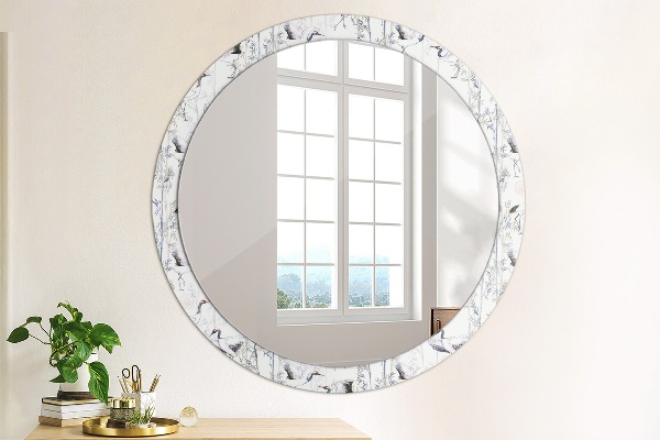 Round mirror frame with print Cranes birds