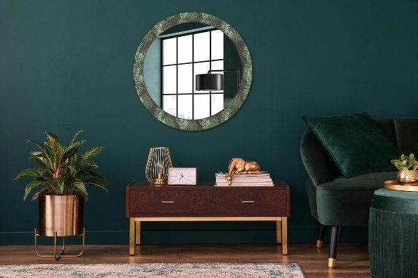Round printed mirror Tropical leaves