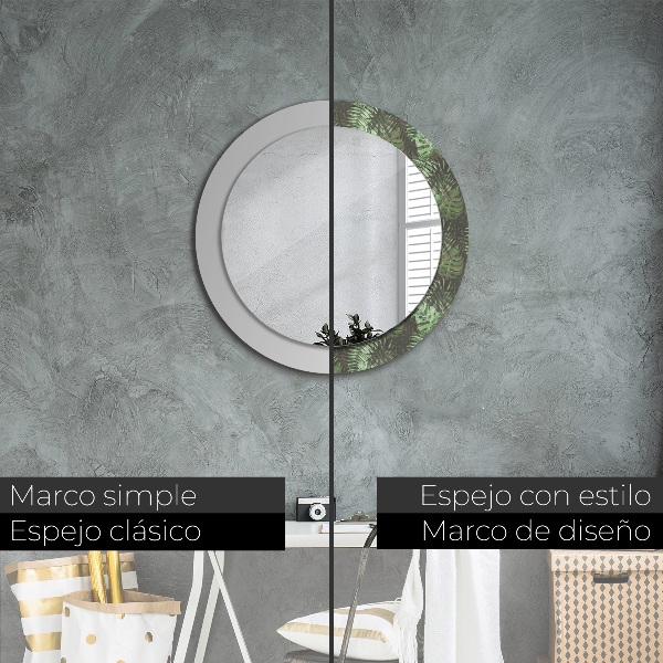 Round printed mirror Tropical leaves