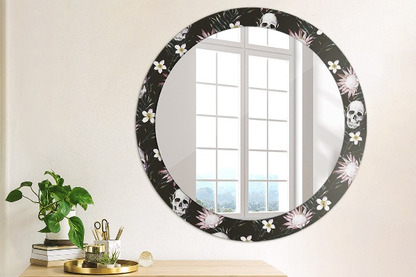 Round printed mirror Skull flowers