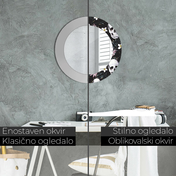 Round printed mirror Skull flowers