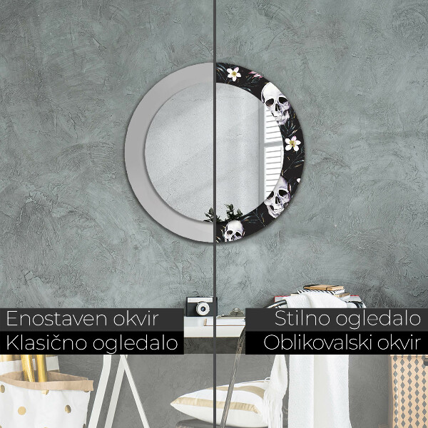 Round printed mirror Skull flowers