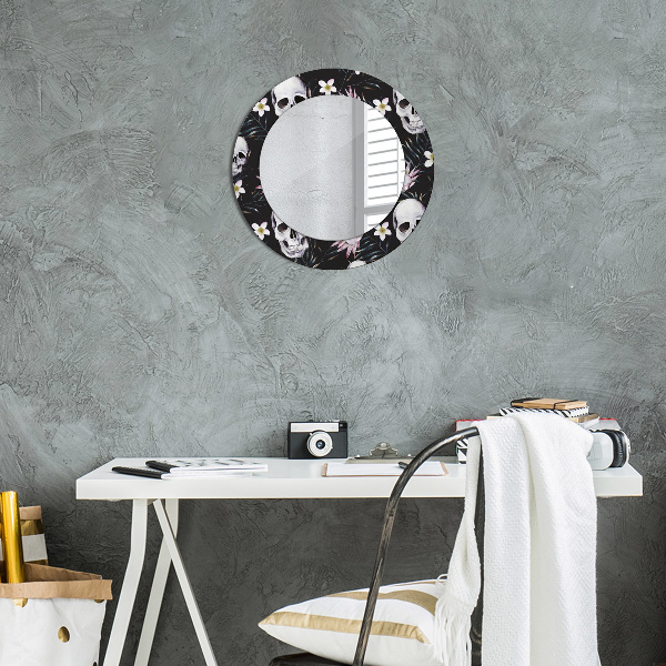 Round printed mirror Skull flowers