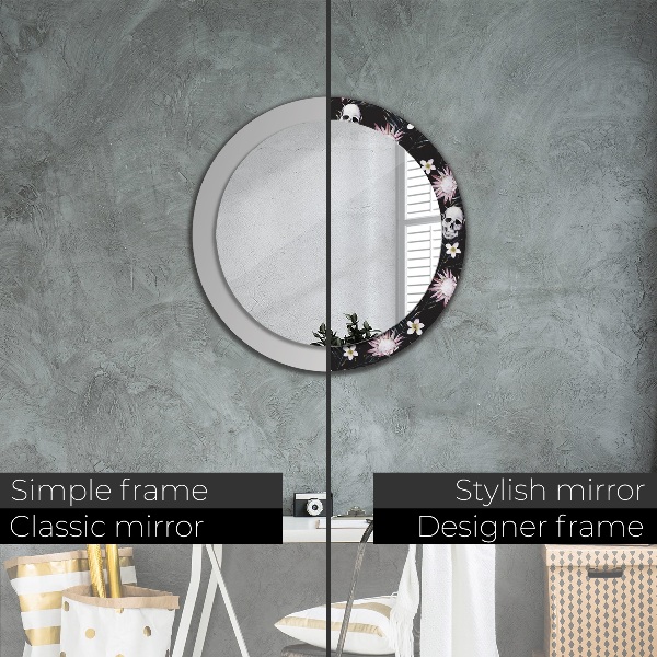 Round printed mirror Skull flowers