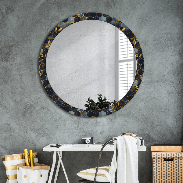 Round mirror frame with print Hexagon marble