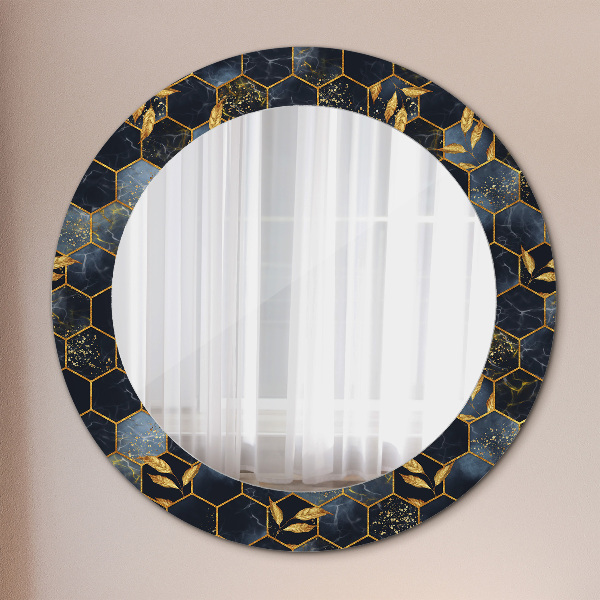 Round mirror frame with print Hexagon marble