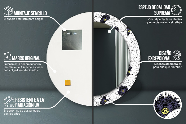 Round wall mirror decor Linear flowers composition