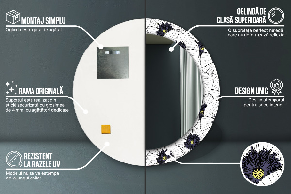 Round wall mirror decor Linear flowers composition