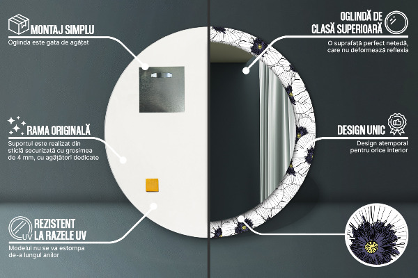 Round wall mirror decor Linear flowers composition