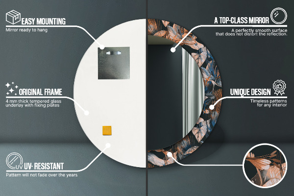 Round printed mirror Dark tropical leaves