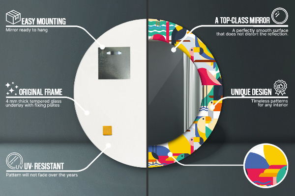 Round mirror frame with print Geometric tropical birds