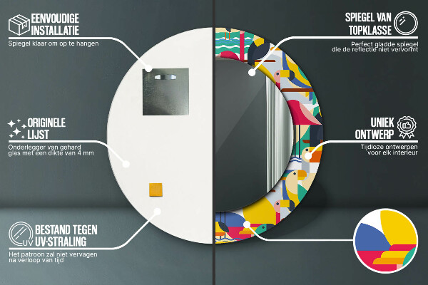 Round mirror frame with print Geometric tropical birds