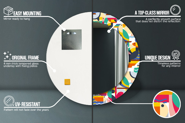 Round mirror frame with print Geometric tropical birds