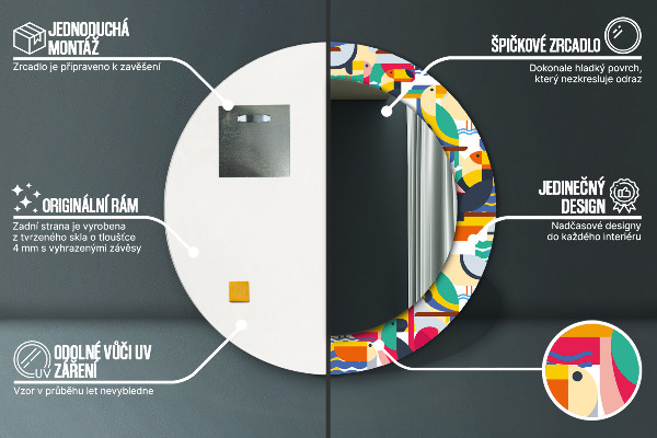 Round mirror frame with print Geometric tropical birds