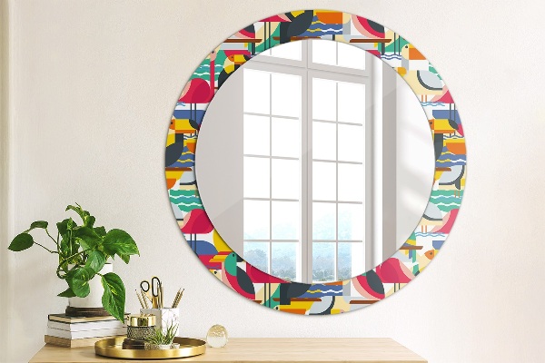Round mirror frame with print Geometric tropical birds