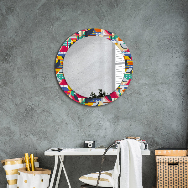 Round mirror frame with print Geometric tropical birds