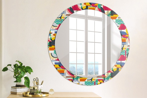 Round mirror frame with print Geometric tropical birds