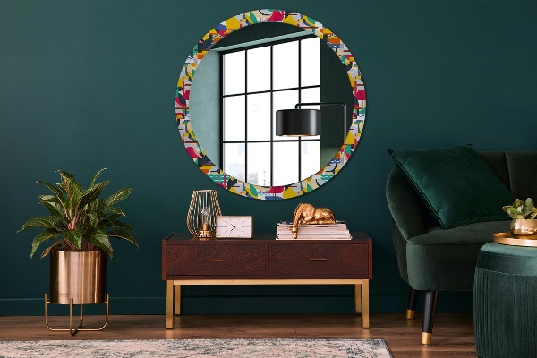 Round mirror frame with print Geometric tropical birds