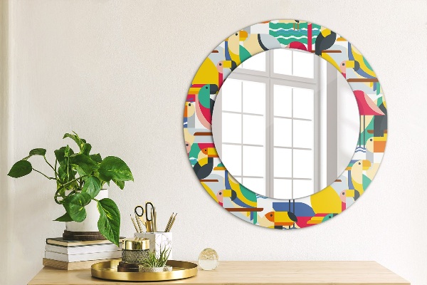Round mirror frame with print Geometric tropical birds