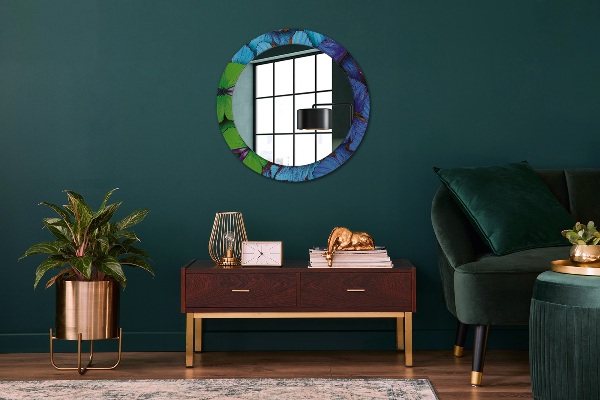 Round printed mirror Blue and green butterfly
