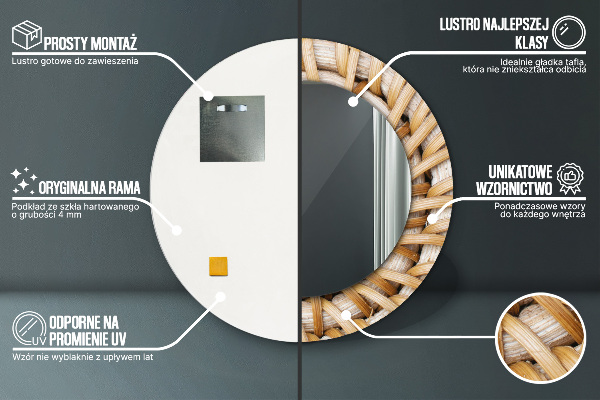 Round mirror frame with print Natural braid