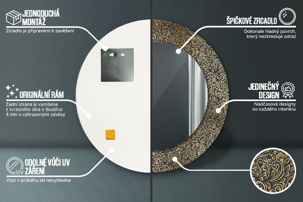 Round mirror frame with print Golden ornaments
