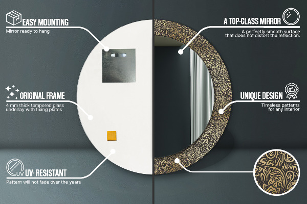 Round mirror frame with print Golden ornaments