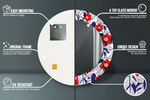 Round wall mirror decor Filodendron and red flowers