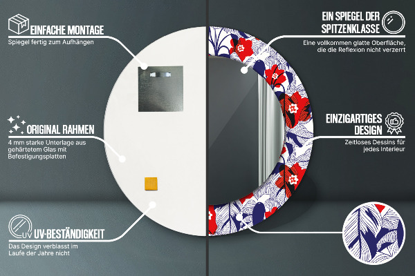 Round wall mirror decor Filodendron and red flowers